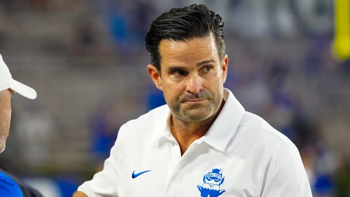 Aug 30, 2024; Durham, North Carolina, USA;  Duke Blue Devils head coach Manny Diaz looks on against the Elon Phoenix during the first half at Wallace Wade Stadium. Mandatory Credit: James Guillory-Imagn Images