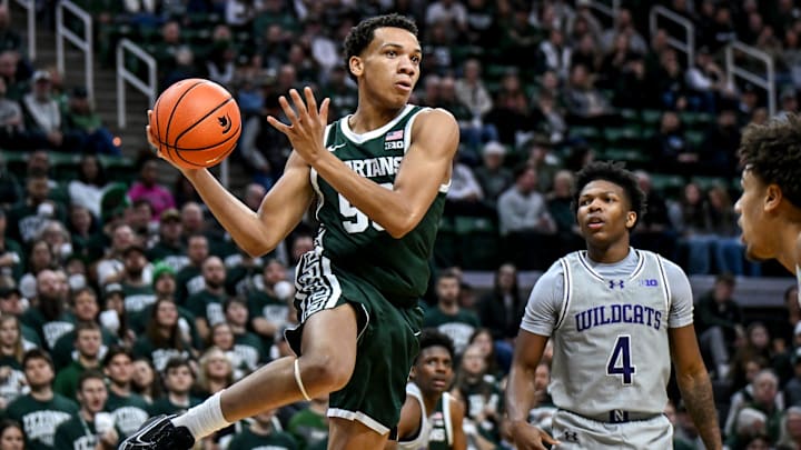 Michigan State's Divine Ugochukwu passes the ball against Northwestern during the first half on Thursday, Jan. 8, 2026, at the Breslin Center in East Lansing.