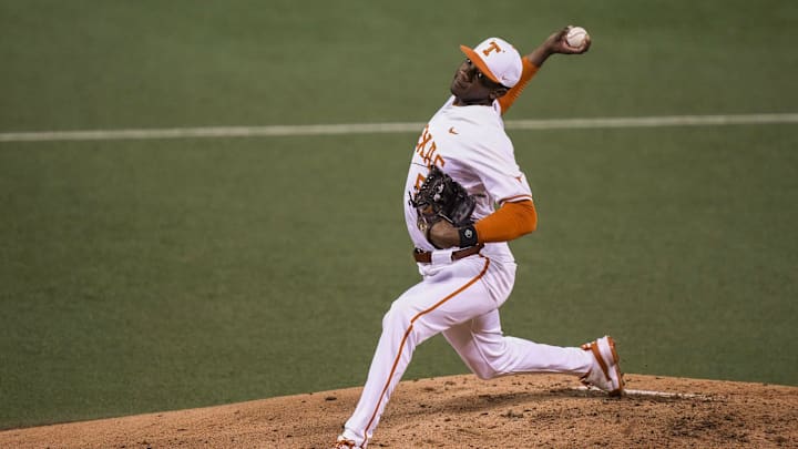 Texas pitcher Lebarron Johnson Jr. (57) pitches as the Longhorns play San Diego at UFCU Disch-Falk Field.