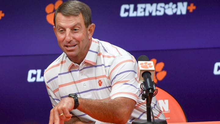 Clemson head coach Dabo Swinney talks during the Clemson football Media Outing & Open House at the Allen N. Reeves Football Complex in Clemson, S.C., Tuesday, July 16, 2024. Clemson head coach Dabo Swinney talks during the Clemson football Media Outing & Open House at the Allen N. Reeves Football Complex in Clemson, S.C., Tuesday, July 16, 2024.