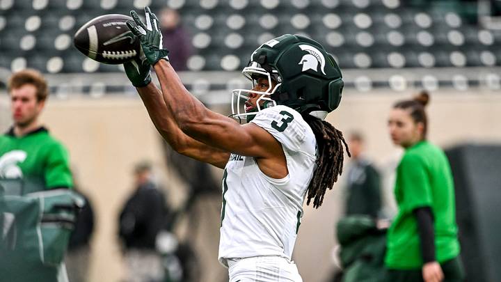 Michigan State's Rodney Bullard Jr. catches a pass while warming up during the football Spring Showcase on Saturday, April 18, 2026, at Spartan Stadium in East Lansing.