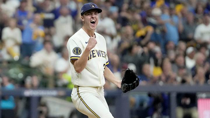 Milwaukee Brewers pitcher Jacob Misiorowski (32) reacts to the final out of the fourth inning of their National League Championship Series game against the Los Angeles Dodgers at American Family Field on Oct 11, 2026. Milwaukee Brewers pitcher Jacob Misiorowski (32) reacts to the final out of the fourth inning of their National League Championship Series game against the Los Angeles Dodgers at American Family Field on Oct 11, 2026.