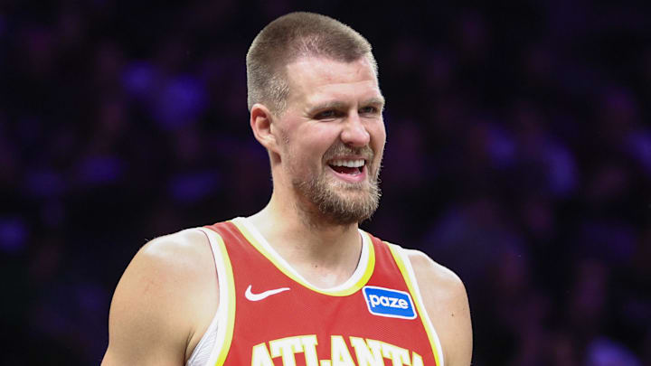 Oct 29, 2025; Brooklyn, New York, USA;  Atlanta Hawks center Kristaps Porzingis (8) at Barclays Center. Mandatory Credit: Wendell Cruz-Imagn Images