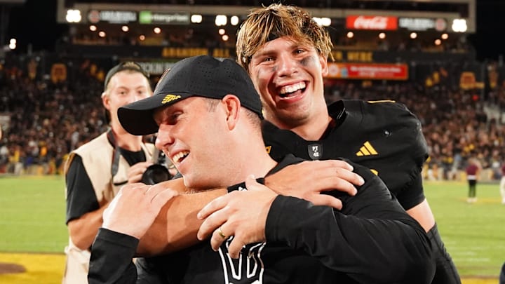 Sep 26, 2025; Tempe, Arizona, USA; Arizona State Sun Devils quarterback Sam Leavitt (10) celebrates with head coach Kenny Dillingham after their win against TCU Horned Frogs at Mountain America Stadium, Home of the ASU Sun Devils. Mandatory Credit: Jacob Reiner-Imagn Images