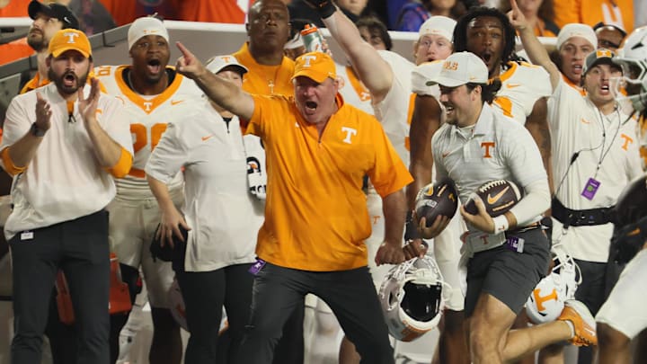 Tennessee head coach Josh Heupel cheers on a player during the first half of an NCAA football game against Tennessee at Steve Spurrier Field at Ben Hill Griffin Stadium in Gainesville, FL on Saturday, November 22, 2025. [Alan Youngblood/Gainesville Sun]