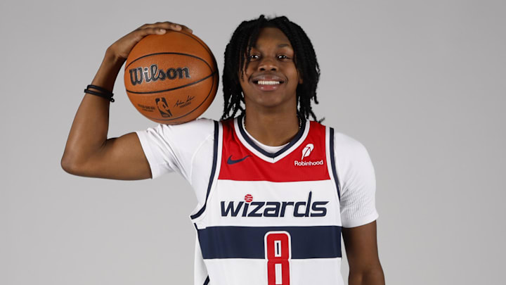 Sep 30, 2024; Washington, DC, USA; Washington Wizards guard Bub Carrington (8) poses for a portrait during Washington Wizards media day 2024 at Capital One Arena. Mandatory Credit: Geoff Burke-Imagn Images
