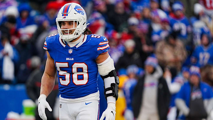 Buffalo Bills linebacker Matt Milano (58) smiles after making a tackle during the second half of the Buffalo Bills wild card game against the Denver Broncos at Highmark Stadium in Orchard Park on Jan. 12, 2025.