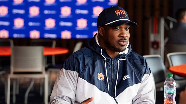 Auburn Tigers associate head coach Kodi Burns is interviewed at the Woltosz Football Performance Center in Auburn, Ala.