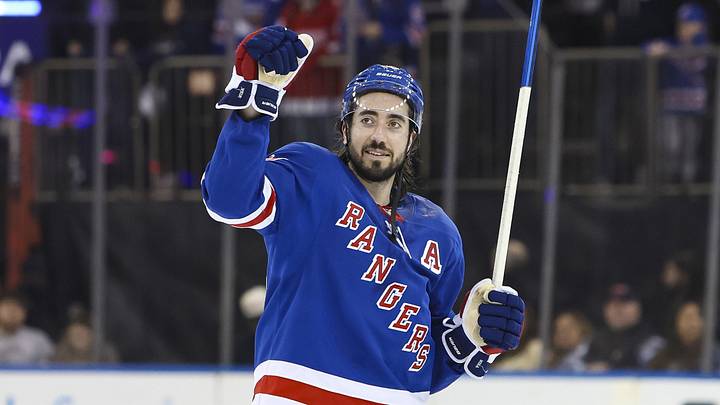 Apr 4, 2026; New York, New York, USA; New York Rangers center Mika Zibanejad (93) celebrates after a 4-1 win against the Detroit Red Wings at Madison Square Garden. Mandatory Credit: Danny Wild-Imagn Images
