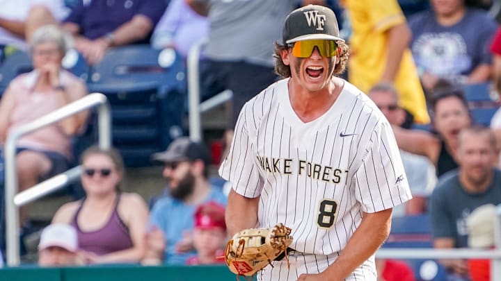 Jun 17, 2023; Omaha, NE, USA; Wake Forest Demon Deacons first baseman Nick Kurtz (8) celebrates after retiring Stanford Cardinal third baseman Tommy Troy (not pictured) to end the game at Charles Schwab Field Omaha. Mandatory Credit: Dylan Widger-Imagn Images