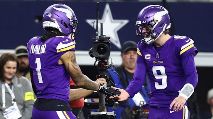 Dec 14, 2025; Arlington, Texas, USA; Minnesota Vikings wide receiver Jalen Nailor (1) celebrates with quarterback J.J. McCarthy (9) after a touchdown catch during the second half against the Dallas Cowboys at AT&T Stadium. Mandatory Credit: Kevin Jairaj-Imagn Images Dec 14, 2025; Arlington, Texas, USA; Minnesota Vikings wide receiver Jalen Nailor (1) celebrates with quarterback J.J. McCarthy (9) after a touchdown catch during the second half against the Dallas Cowboys at AT&T Stadium. Mandatory Credit: Kevin Jairaj-Imagn Images