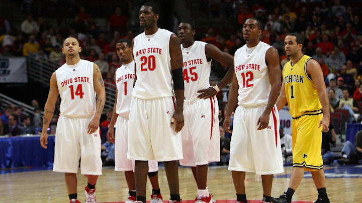 Mar 9, 2007; Chicago, IL, USA; Ohio State Buckeyes players (14) Jamar Butler (1) Mike Conley Jr. (20) Greg Oden (45) Othello Hunter and (12) Ron Lewis watch Michigan shoot technical foul shots during the second half of the quarterfinals of the Big Ten Tournament at the United Center in Chicago, IL. Ohio State defeated Michigan 72-62.  Mandatory Credit: Jerry Lai-Imagn Images Copyright © 2007 Jerry Lai