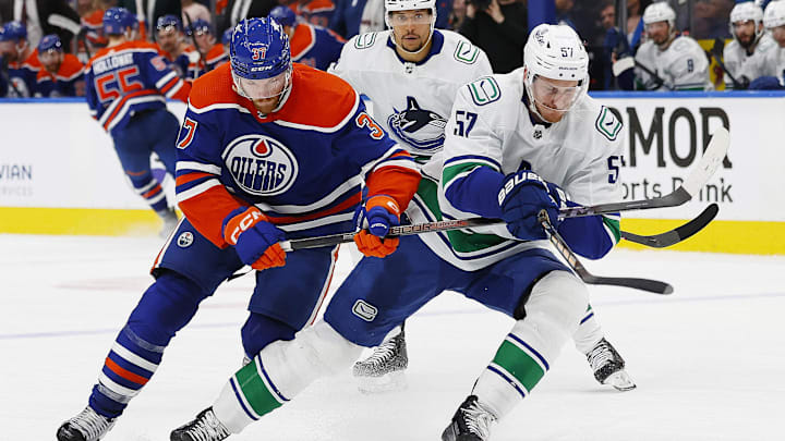 May 18, 2024; Edmonton, Alberta, CAN; Edmonton Oilers forward Warren Foegele (37) and Vancouver