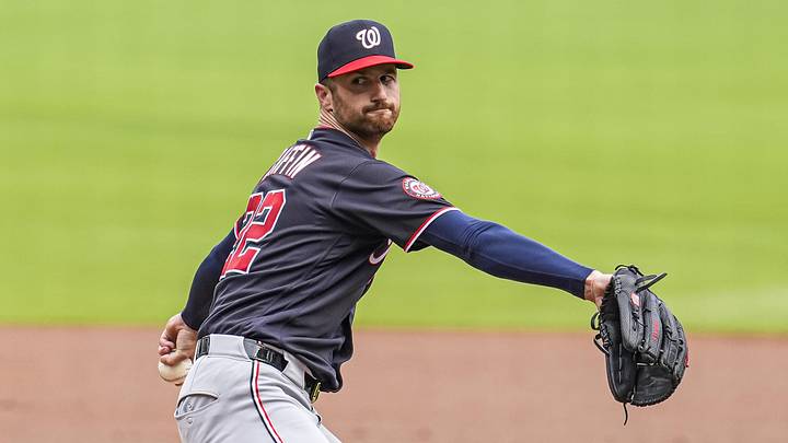 May 24, 2026; Cumberland, Georgia, USA; Washington Nationals pitcher Foster Griffin (22) pitches against the Atlanta Braves during the first inning at Truist Park. Mandatory Credit: Dale Zanine-Imagn Images