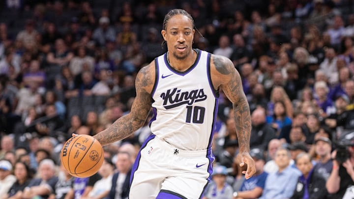 Oct 9, 2024; Sacramento, California, USA; Sacramento Kings forward DeMar DeRozan (10) controls the ball against the Golden State Warriors during the first quarter at Golden 1 Center. Mandatory Credit: Ed Szczepanski-Imagn Images