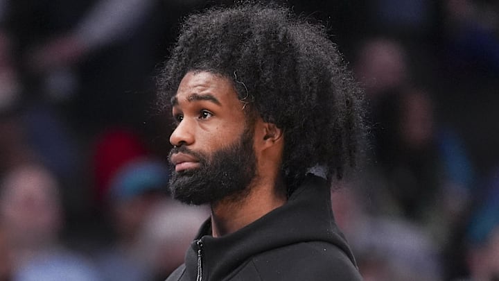 Feb 9, 2026; Charlotte, North Carolina, USA; Charlotte Hornets guard Coby White (3) during the second half against the Detroit Pistons at Spectrum Center. Mandatory Credit: Jim Dedmon-Imagn Images