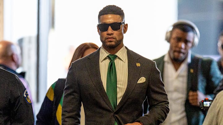 Jan 2, 2025; New Orleans, LA, USA; Notre Dame Fighting Irish head coach Marcus Freeman arrives at the Superdome before the game against the Georgia Bulldogs at Caesars Superdome. Mandatory Credit: Stephen Lew-Imagn Images Jan 2, 2025; New Orleans, LA, USA; Notre Dame Fighting Irish head coach Marcus Freeman arrives at the Superdome before the game against the Georgia Bulldogs at Caesars Superdome. Mandatory Credit: Stephen Lew-Imagn Images