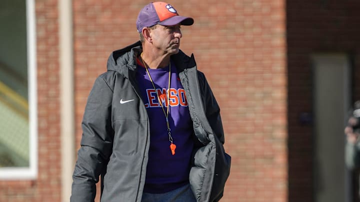 Clemson head coach Dabo Swinney during the Pinstipe Bowl practice in Clemson, S.C. Monday, Dec. 15, 2025.