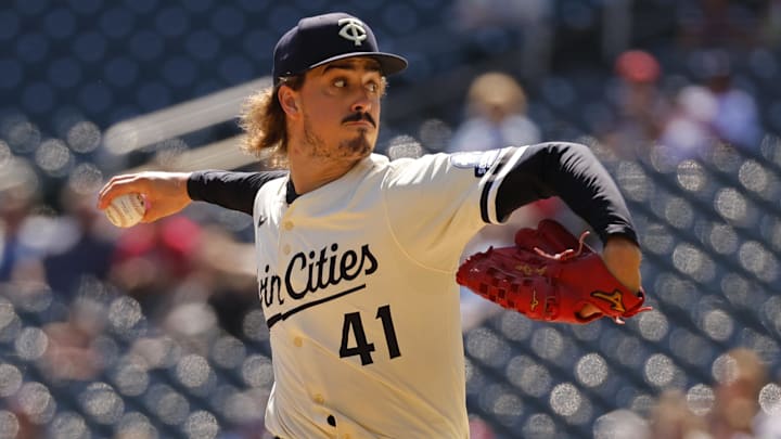 Aug 31, 2025; Minneapolis, Minnesota, USA; Minnesota Twins starting pitcher Joe Ryan (41) throws to the San Diego Padres in the second inning at Target Field. Mandatory Credit: Bruce Kluckhohn-Imagn Images