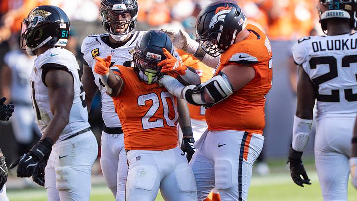 Sep 20, 2026; Denver Broncos running back Jonah Coleman (20) celebrates a first down. Sep 20, 2026; Denver Broncos running back Jonah Coleman (20) celebrates a first down.