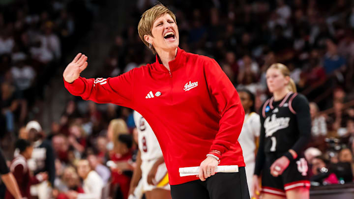 Mar 23, 2025; Columbia, South Carolina, USA; Indiana Hoosiers head coach Teri Moren disputes a charging call against her team during their game against the South Carolina Gamecocks in the second half at Colonial Life Arena. Mandatory Credit: Jeff Blake-Imagn Images