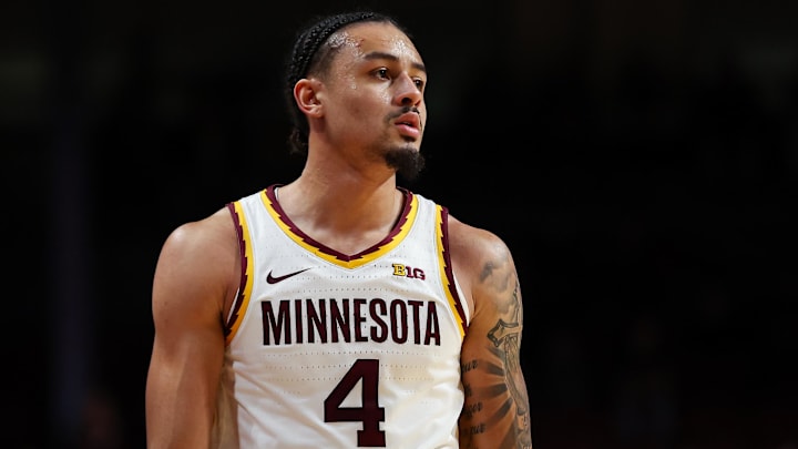 Dec 6, 2023; Minneapolis, Minnesota, USA; Minnesota Golden Gophers guard Braeden Carrington (4) looks on during the first half against the Nebraska Cornhuskers at Williams Arena.