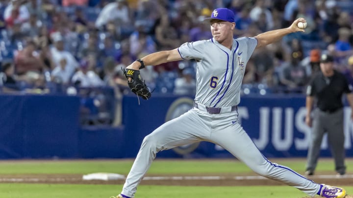 May 23, 2024; Hoover, AL, USA; LSU Tigers pitcher Justin Loer (6) pitches against the South Carolina Gamecocks during the SEC Baseball Tournament at Hoover Metropolitan Stadium. Mandatory Credit: Vasha Hunt-USA TODAY Sports