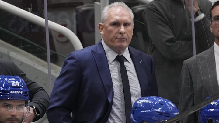 Dec 8, 2025; Toronto, Ontario, CAN; Toronto Maple Leafs head coach Craig Berube watcxhes the action against the Tampa Bay Lightning during the third period at Scotiabank Arena. Mandatory Credit: John E. Sokolowski-Imagn Images