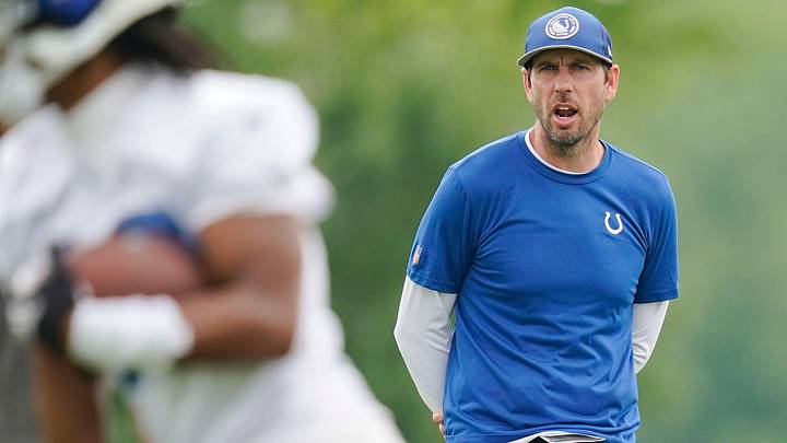 Indianapolis Colts head coach Shane Steichen yells to players on the field Wednesday, June 5, 2024, during practice at the Colts Practice Facility in Indianapolis.