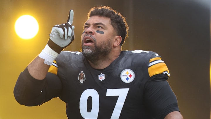 Oct 12, 2025; Pittsburgh, Pennsylvania, USA;  Pittsburgh Steelers defensive tackle Cameron Heyward (97) gestures as he takes the field against the Cleveland Browns at Acrisure Stadium. Mandatory Credit: Charles LeClaire-Imagn Images