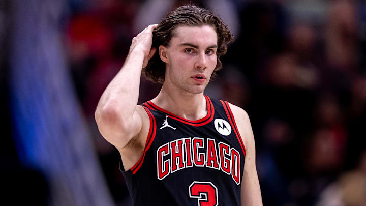 Oct 23, 2024; New Orleans, Louisiana, USA; Chicago Bulls guard Josh Giddey (3) looks on against the New Orleans Pelicans during the first half at Smoothie King Center.