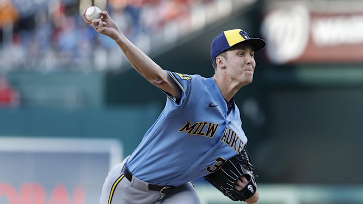 May 1, 2026; Washington, District of Columbia, USA; Milwaukee Brewers pitcher Jacob Misiorowski (32) pitches against the Washington Nationals during the first inning at Nationals Park. Mandatory Credit: Geoff Burke-Imagn Images