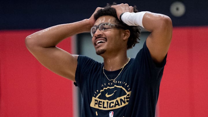 Sep 23, 2025; Metairie, LA, USA; New Orleans Pelicans guard Jordan Poole (3) reacts after a half court shot during media day at Ochsner Sports Performance Center. Mandatory Credit: Matthew Hinton-Imagn Images