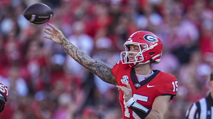 Oct 12, 2024; Athens, Georgia, USA; Georgia Bulldogs quarterback Carson Beck (15) passes against the Mississippi State Bulldogs at Sanford Stadium. Mandatory Credit: Dale Zanine-Imagn Images