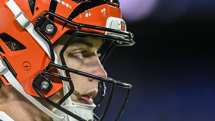 Nov 27, 2025; Baltimore, Maryland, USA; Cincinnati Bengals quarterback Joe Burrow (9) on the field before the game against the Baltimore Ravens  at M&T Bank Stadium. Mandatory Credit: Tommy Gilligan-Imagn Images