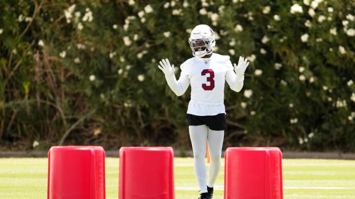 Arizona Cardinals safety Budda Baker (3) during organized team activities at the Dignity Health Arizona Cardinals Training Center in Tempe on June 3, 2024. Arizona Cardinals safety Budda Baker (3) during organized team activities at the Dignity Health Arizona Cardinals Training Center in Tempe on June 3, 2024.