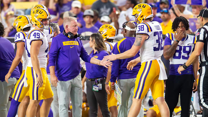 Head Coach Brian Kelly as the LSU Tigers take on the Nicholls Colonels at Tiger Stadium in Baton Rouge, LA. Saturday, Sept. 7, 2024. Head Coach Brian Kelly as the LSU Tigers take on the Nicholls Colonels at Tiger Stadium in Baton Rouge, LA. Saturday, Sept. 7, 2024.
