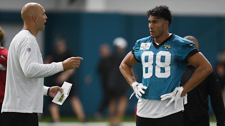 Jacksonville Jaguars tight end coach Richard Angulo talks with tight end Patrick Murtagh (88) during Friday's rookie minicamp session. The Jacksonville Jaguars held their first day of rookie minicamp inside the covered field at the Jaguars performance facility in Jacksonville, Florida Friday, May 10, 2024. Jacksonville Jaguars tight end coach Richard Angulo talks with tight end Patrick Murtagh (88) during Friday's rookie minicamp session. The Jacksonville Jaguars held their first day of rookie minicamp inside the covered field at the Jaguars performance facility in Jacksonville, Florida Friday, May 10, 2024.