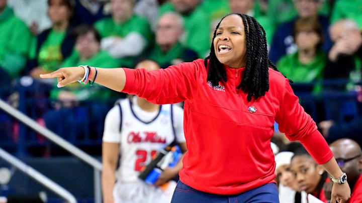 Mar 23, 2024; South Bend, Indiana, USA; Ole Miss Rebels head coach Yolett McPhee-McCuin yells to her players in the first half against the Marquette Golden Eagles at the Purcell Pavilion. Mandatory Credit: Matt Cashore-Imagn Images Mar 23, 2024; South Bend, Indiana, USA; Ole Miss Rebels head coach Yolett McPhee-McCuin yells to her players in the first half against the Marquette Golden Eagles at the Purcell Pavilion. Mandatory Credit: Matt Cashore-Imagn Images