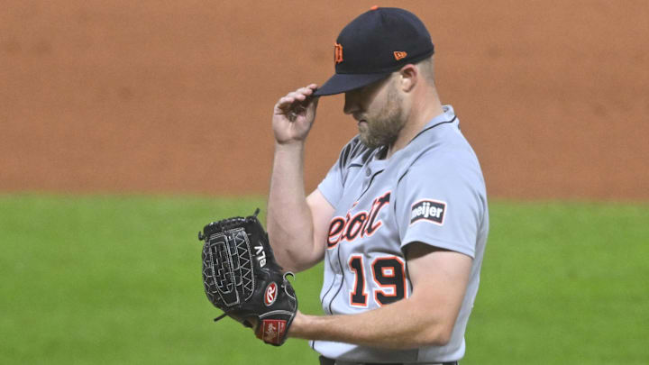 Detroit Tigers relief pitcher Will Vest (19) reacts in the seventh inning against the Cleveland Guardians at Progressive Field.