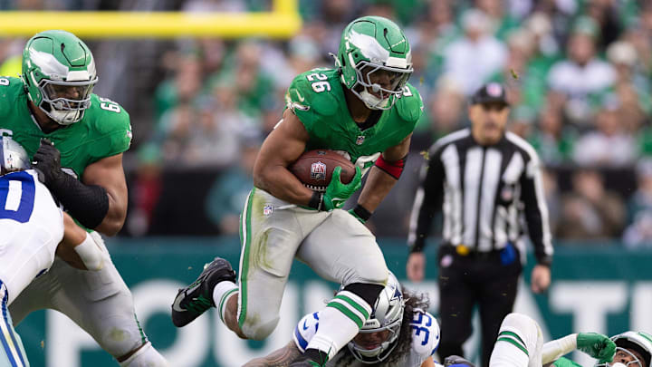 Dec 29, 2024; Philadelphia, Pennsylvania, USA; Philadelphia Eagles running back Saquon Barkley (26) runs with the ball during the fourth quarter against the Dallas Cowboys at Lincoln Financial Field. Mandatory Credit: Bill Streicher-Imagn Images