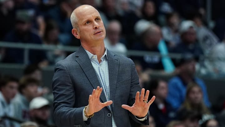 Nov 23, 2025; Hartford, Connecticut, USA; UConn Huskies head coach Dan Hurley watches from the sideline as they take on the Bryant Bulldogs at Peoples Bank Arena. Mandatory Credit: David Butler II-Imagn Images