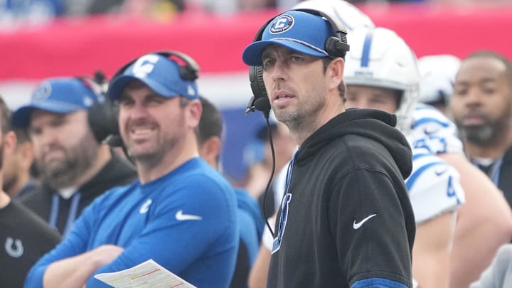 Dec 29, 2024; East Rutherford, New Jersey, USA; Indianapolis Colts head coach Shane Steichen watches downfield against the New York Giants at MetLife Stadium. Mandatory Credit: Robert Deutsch-Imagn Images