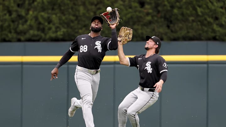 Sep 29, 2024; Detroit, Michigan, USA; Chicago White Sox center fielder Luis Robert Jr. (88) makes a catch in front of center fielder Dominic Fletcher (7) in the first inning against the Detroit Tigers at Comerica Park. Sep 29, 2024; Detroit, Michigan, USA; Chicago White Sox center fielder Luis Robert Jr. (88) makes a catch in front of center fielder Dominic Fletcher (7) in the first inning against the Detroit Tigers at Comerica Park.
