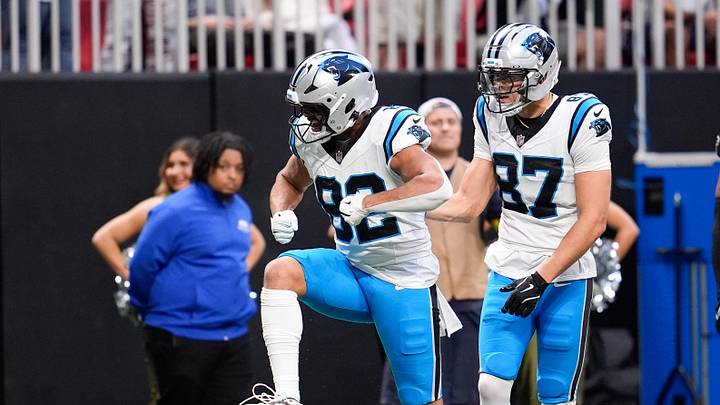 Carolina Panthers tight end Tommy Tremble (82) celebrates a play in the overtime 