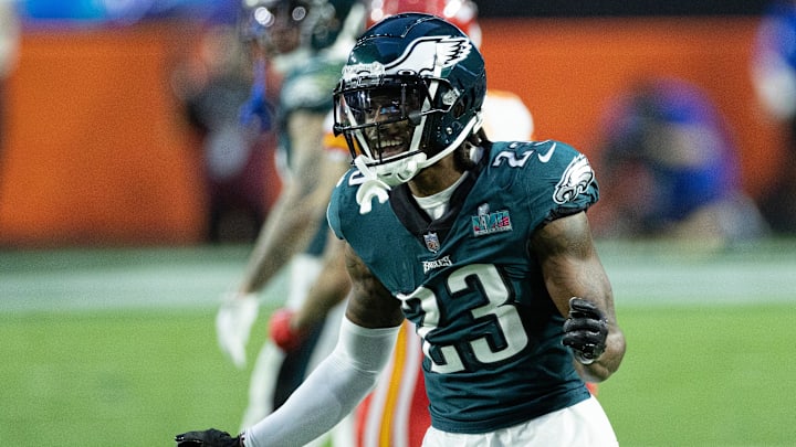 Feb 12, 2023; Glendale, Arizona, US; Philadelphia Eagles safety C.J. Gardner-Johnson (23) reacts against the Kansas City Chiefs in Super Bowl LVII at State Farm Stadium. Mandatory Credit: Bill Streicher-Imagn Images