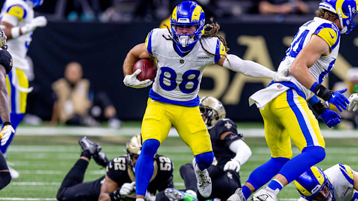 Dec 1, 2024; New Orleans, Louisiana, USA;  Los Angeles Rams wide receiver Jordan Whittington (88) runs agains the New Orleans Saints during the first half at Caesars Superdome. Mandatory Credit: Stephen Lew-Imagn Images