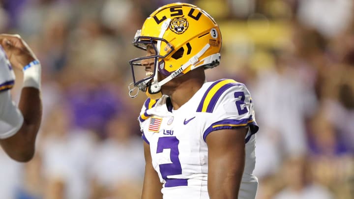 Oct 21, 2023; Baton Rouge, Louisiana, USA; LSU Tigers wide receiver Kyren Lacy (2) celebrates a