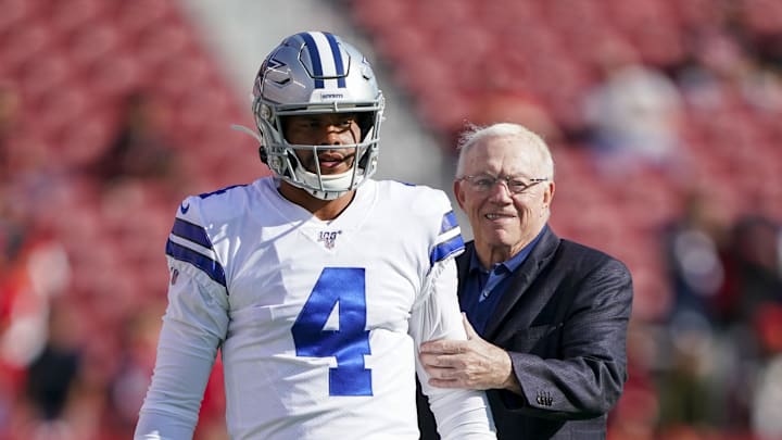 Dallas Cowboys quarterback Dak Prescott and owner Jerry Jones before the game against the San Francisco 49ers at Levi's Stadium. Dallas Cowboys quarterback Dak Prescott and owner Jerry Jones before the game against the San Francisco 49ers at Levi's Stadium.