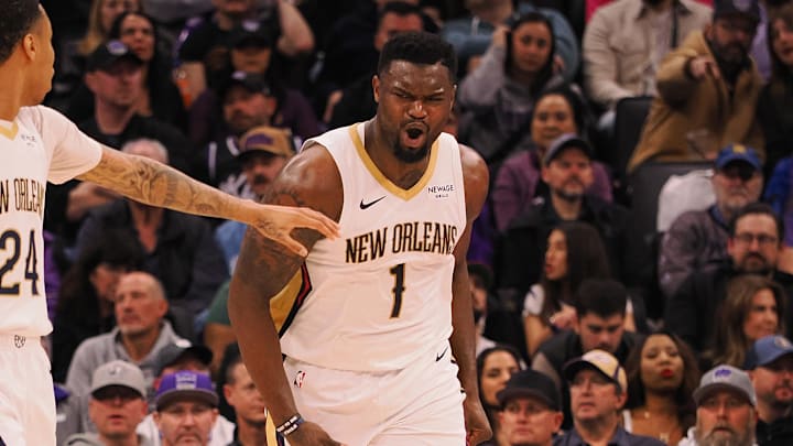 Feb 8, 2025; Sacramento, California, USA; New Orleans Pelicans forward Zion Williamson (1) reacts after a basket against the Sacramento Kings during the second quarter at Golden 1 Center. Mandatory Credit: Kelley L Cox-Imagn Images
